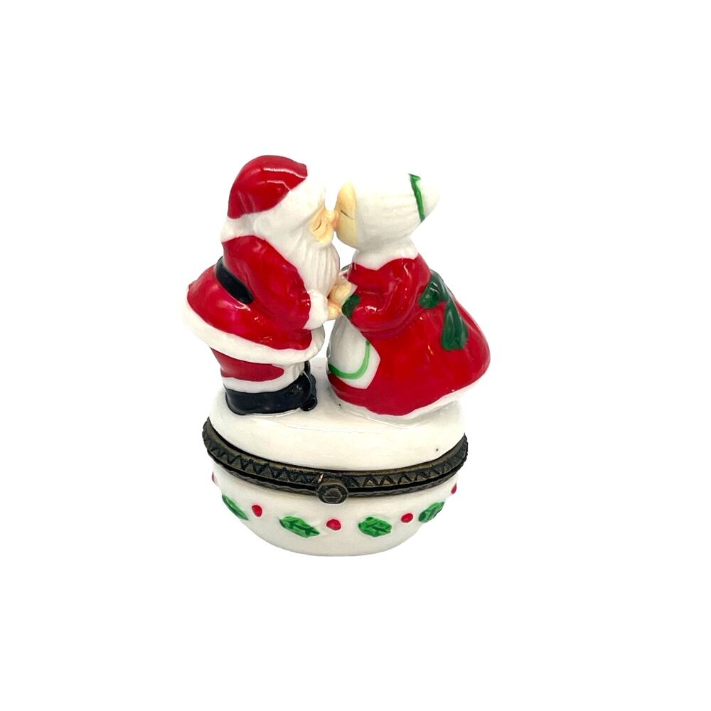 Porcelain Santa & Mrs Claus Kissing Hinged Trinket Box - Picture 2 of 6